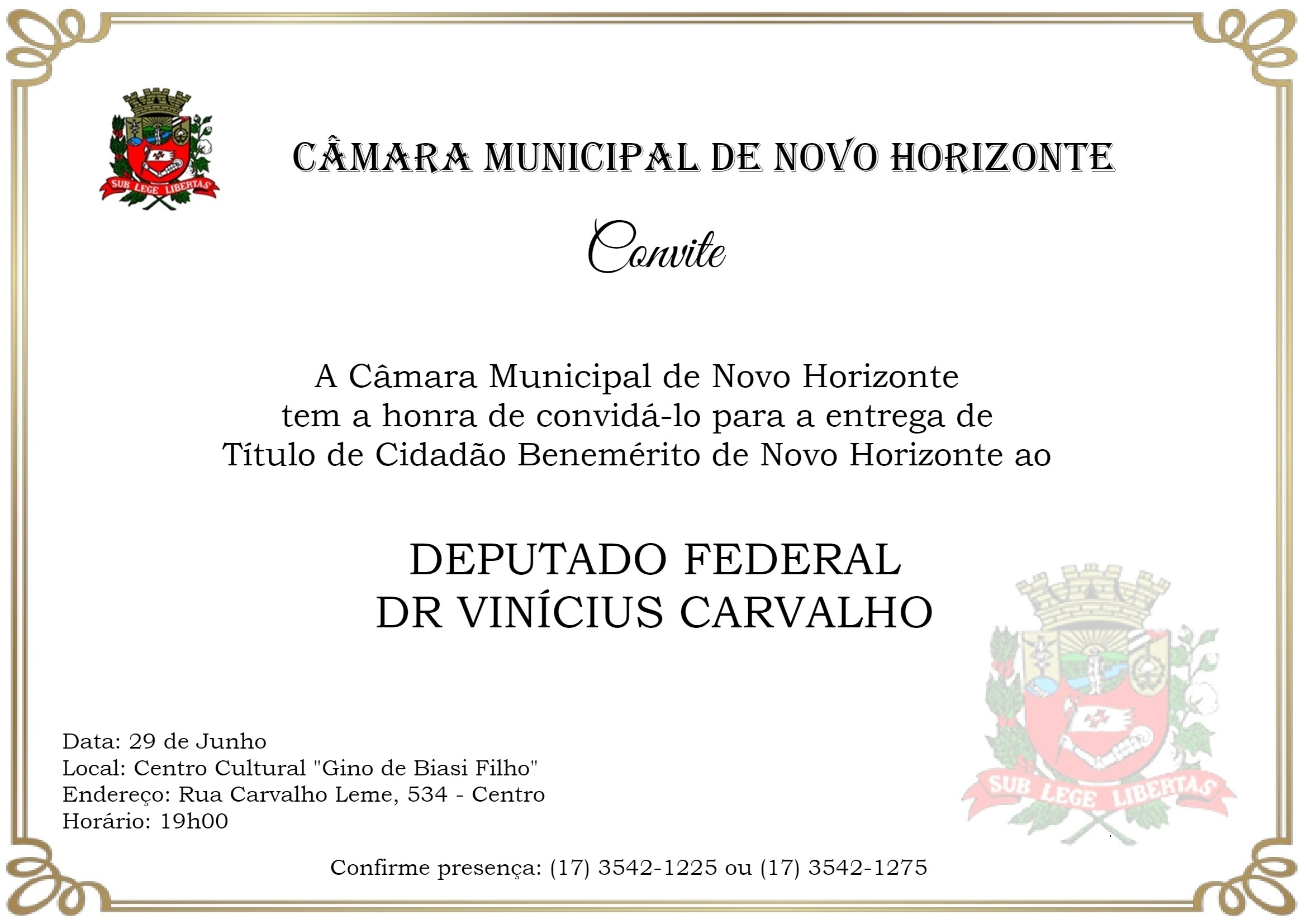 Câmara realiza Sessão Solene para entrega de Título de Cidadão Benemérito de Novo Horizonte ao deputado federal Vinícius Carvalho