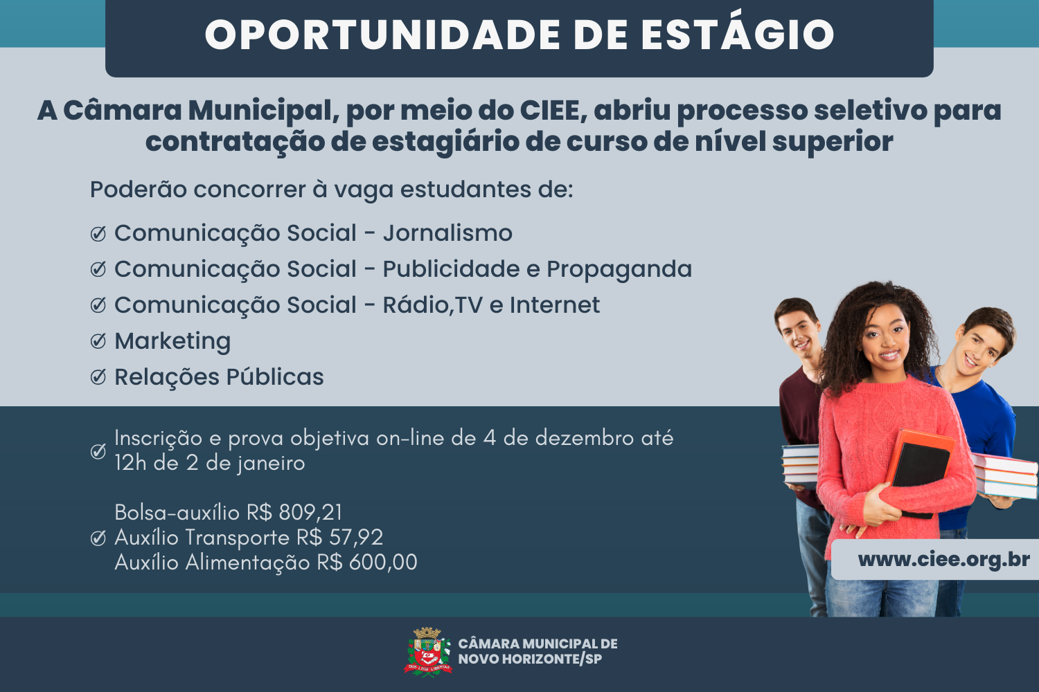 Câmara abre processo de seleção pública para contratação de estagiário