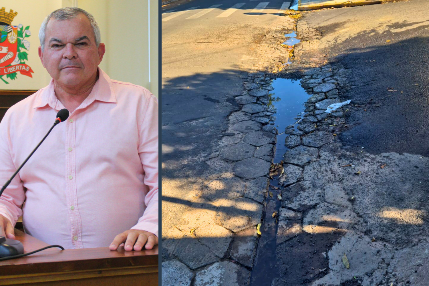 Vereador Leandro Nacimbeni solicita ao Executivo Municipal reconstrução de passagem de águas pluviais no cruzamento de vias na Vila Patti